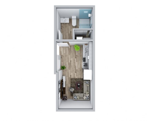 a floor plan of a studio apartment with a bedroom and a living room